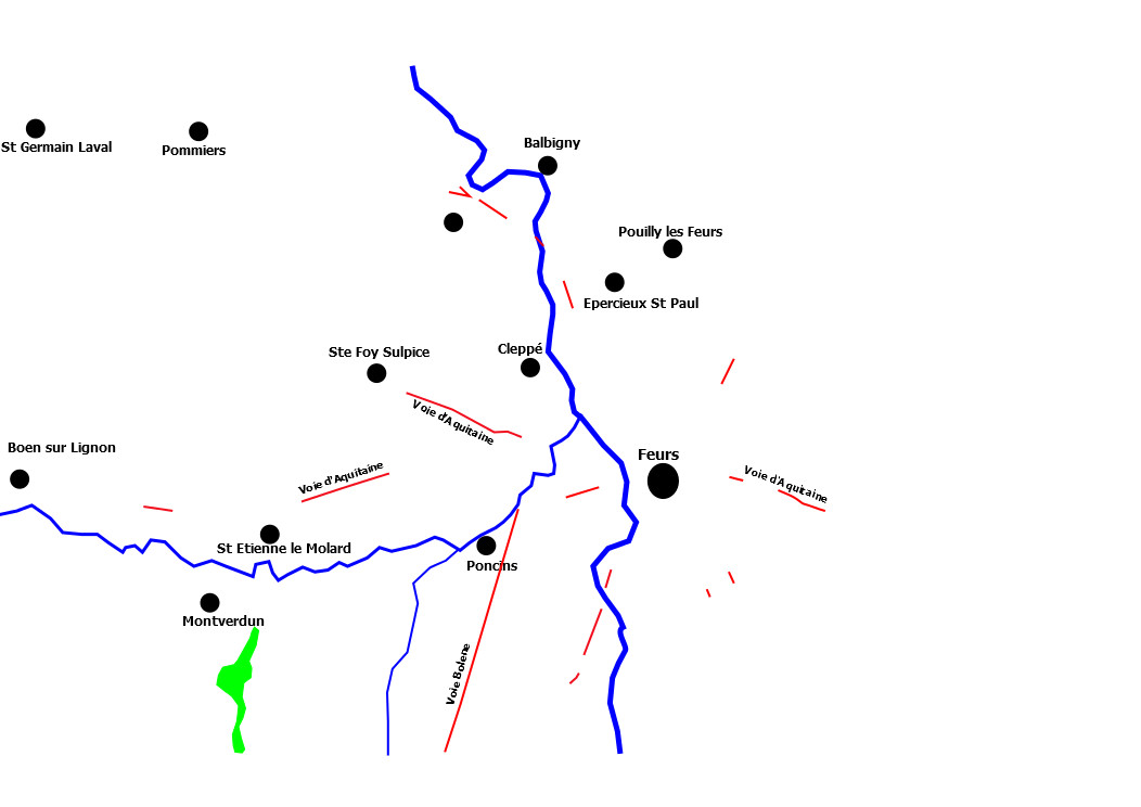 Schéma général des portions de voies détectées en prospection aérienne autour de Feurs
